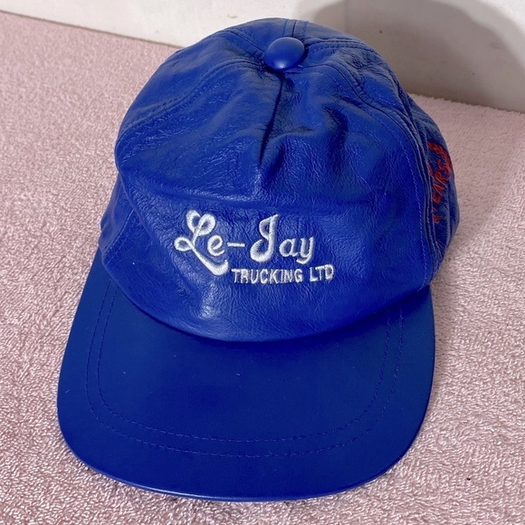 Vintage Blue Leather Le-Jay Trucking Trucker Hat - Picture 1 of 12